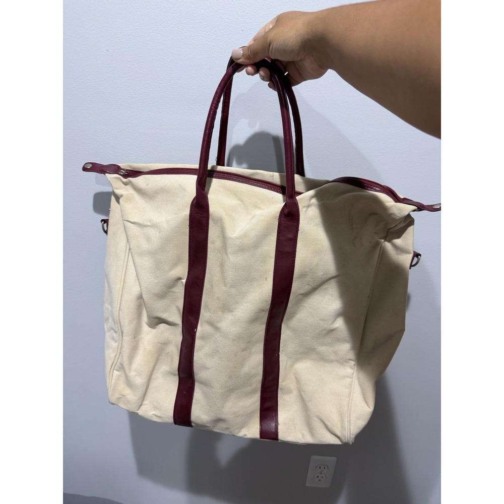 Carolina Herrera Canvas Leather Trim Tote Bag Beige Shopper Travel Bag P